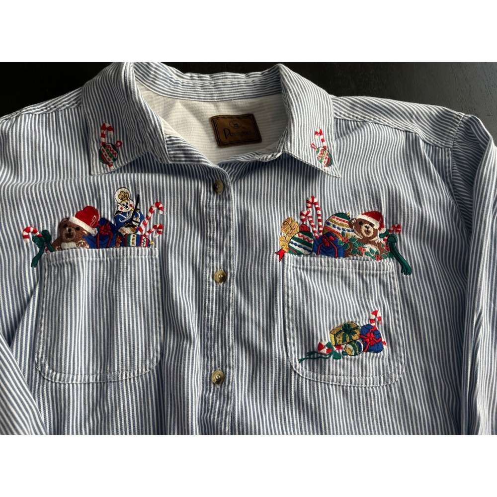 Penningtons Womens Blue White Striped Christmas Embroidered Button Cotton‎ Shirt